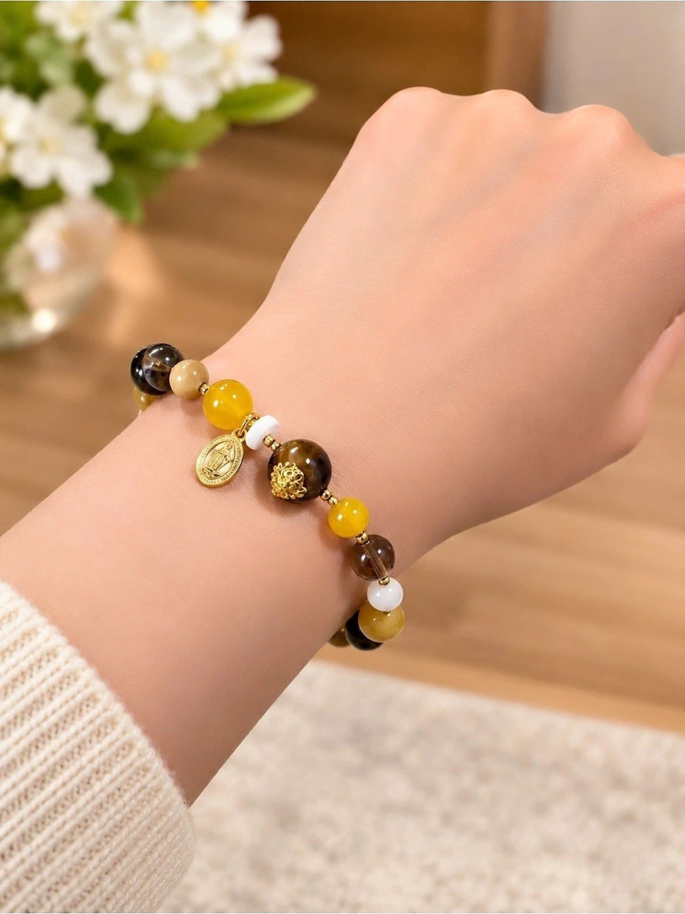 Golden Tiger’s Eye & Amber Beaded Charm Bracelet